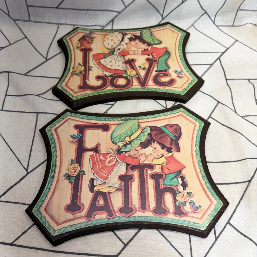 Vintage Wood Wall Plaques Set of 2 Love Faith 11x8.5 Multicolor Cottagecore Art